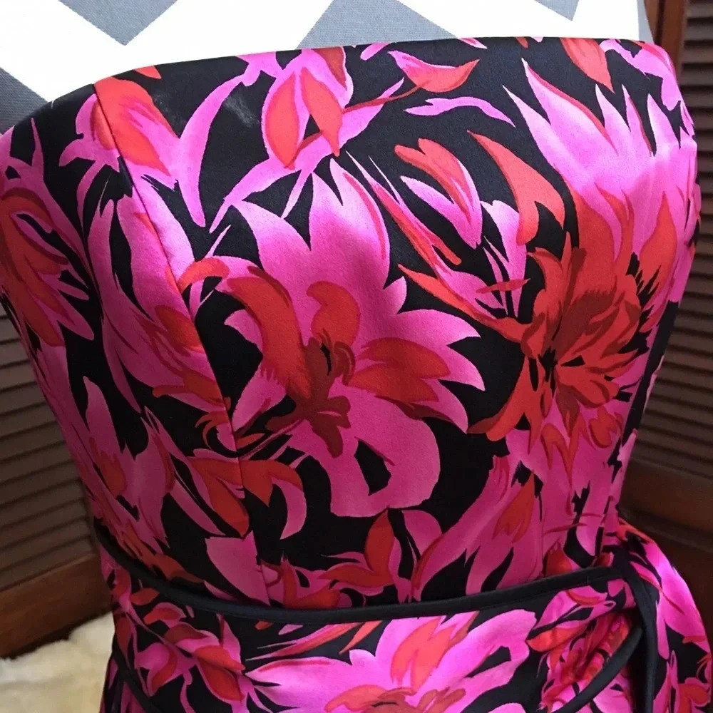 Strapless silk party cocktail flower pink top size 8 with sage Kate hunger NY - Picture 2 of 4